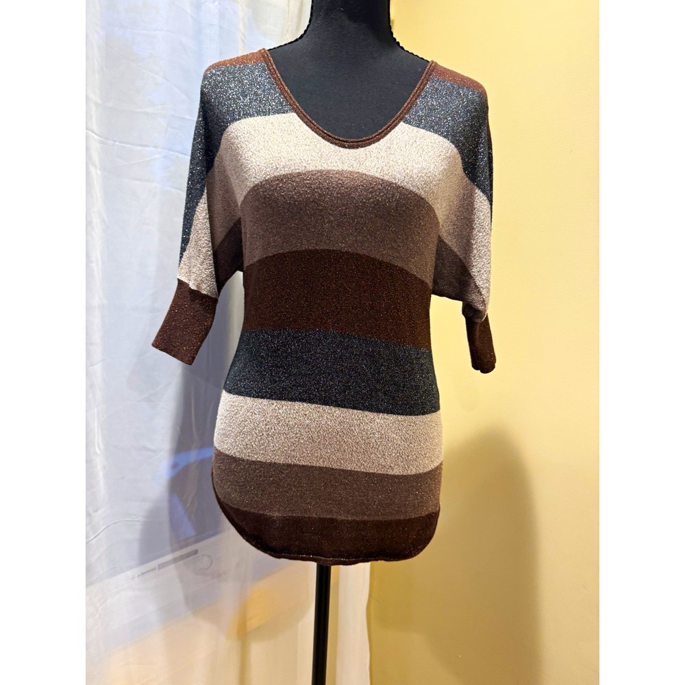Vintage Express Striped Knit V-Neck 3/4 Sleeve Lightweight Glitter Sweater XS
